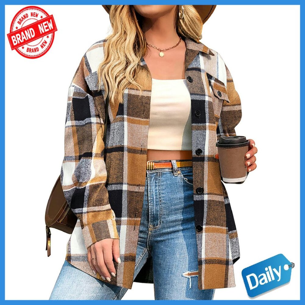 Plus Size Flannel Shacket Jacket With Pockets, Long Sleeve Button Down